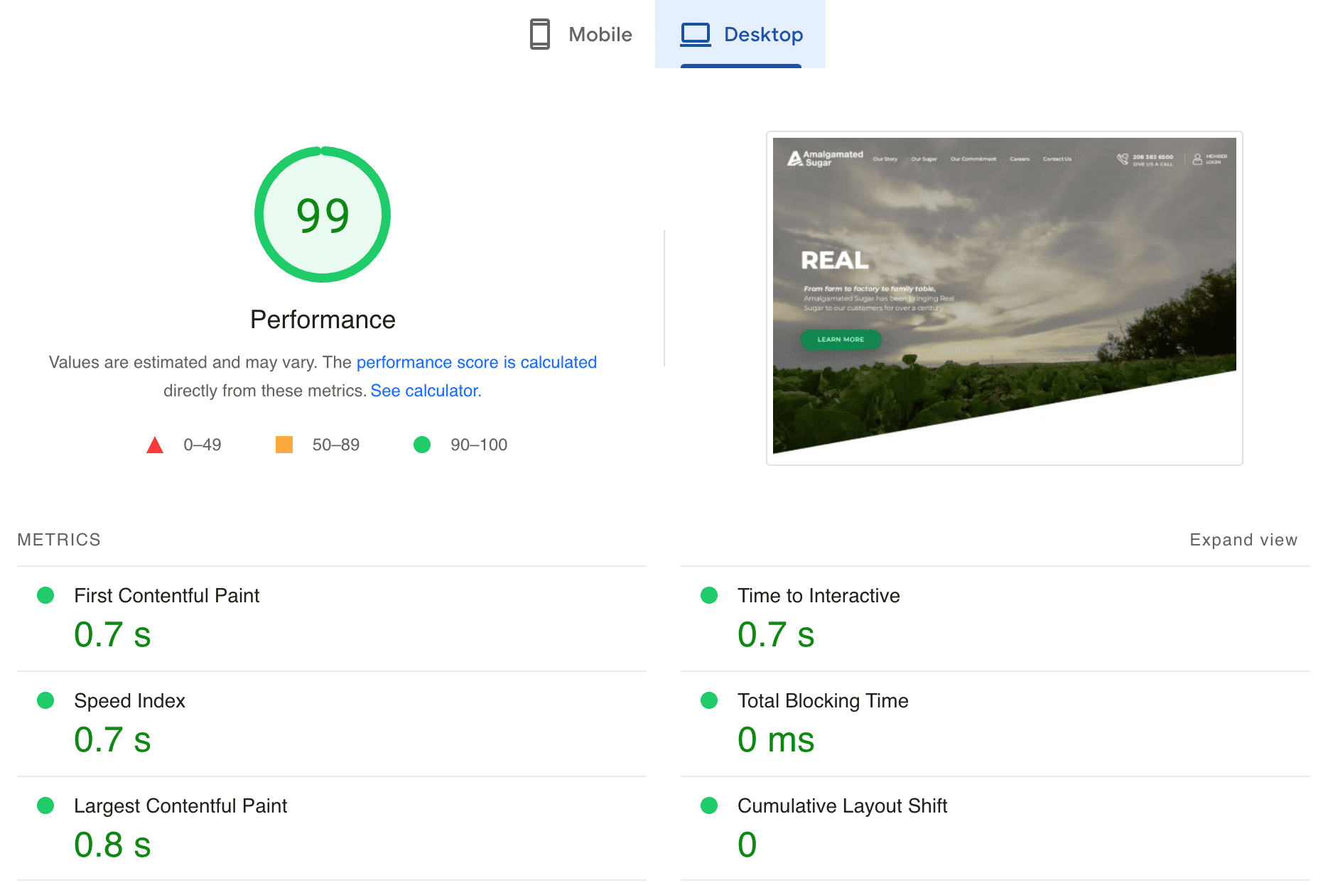 Amalgamated Sugar pagespeed score