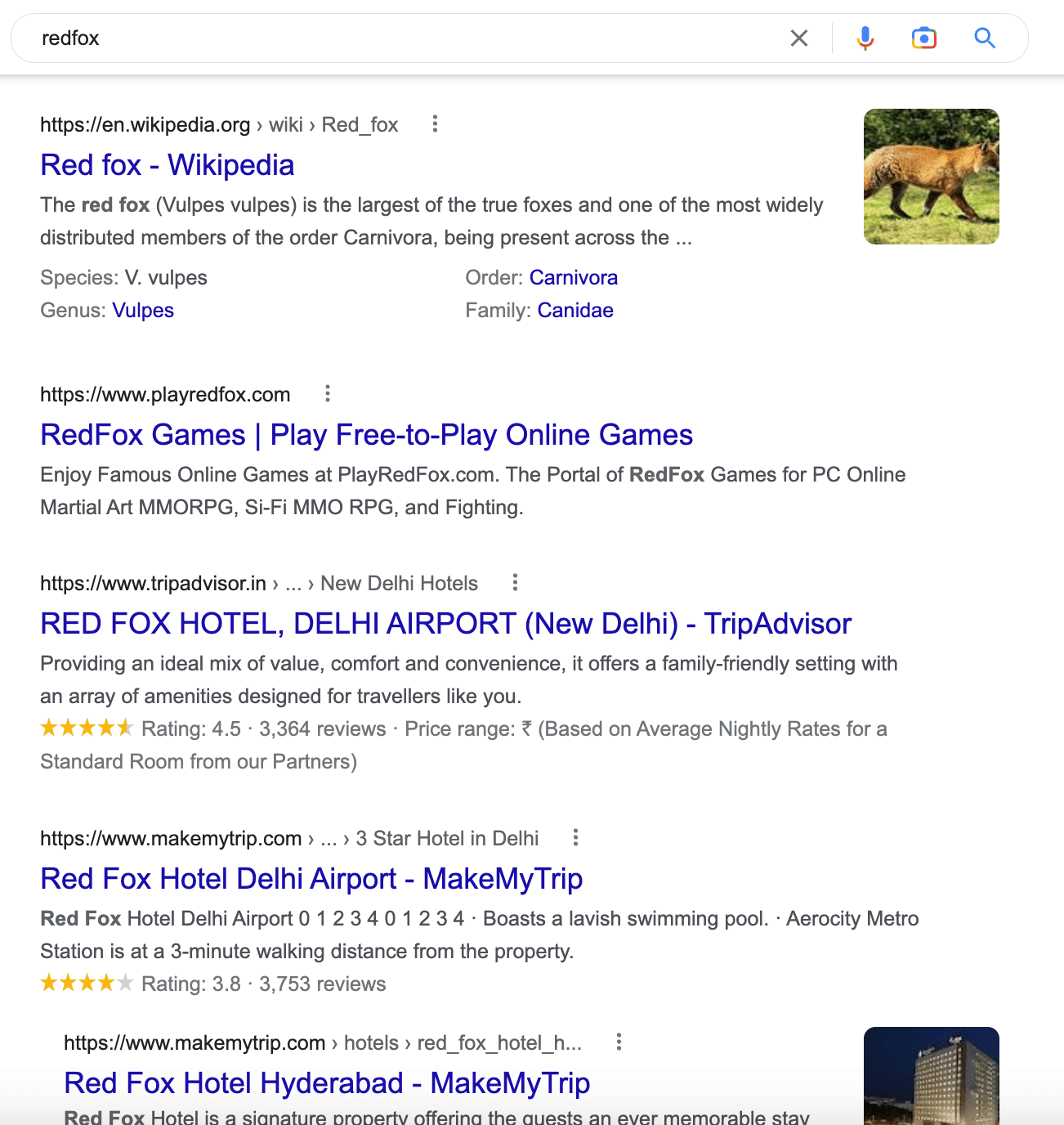 Google search result for the search query "redfox" not showing redfox visual