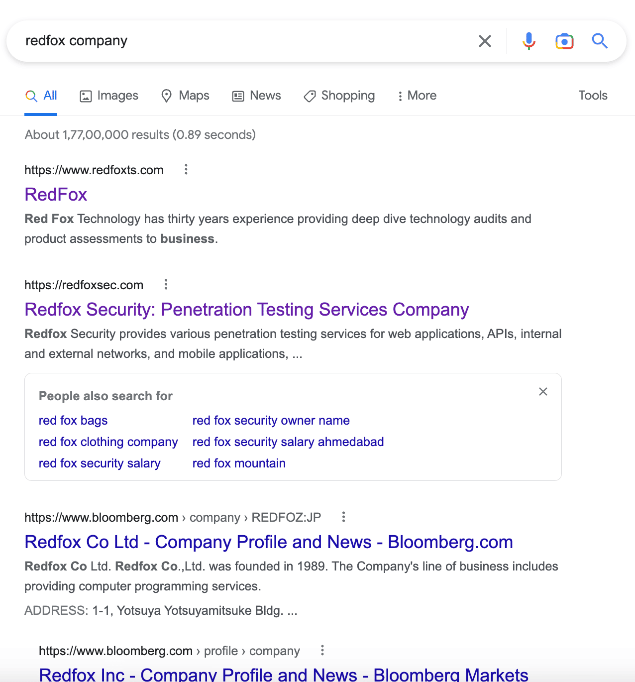 Google results for the search query "redfox company" not showing redfox visual