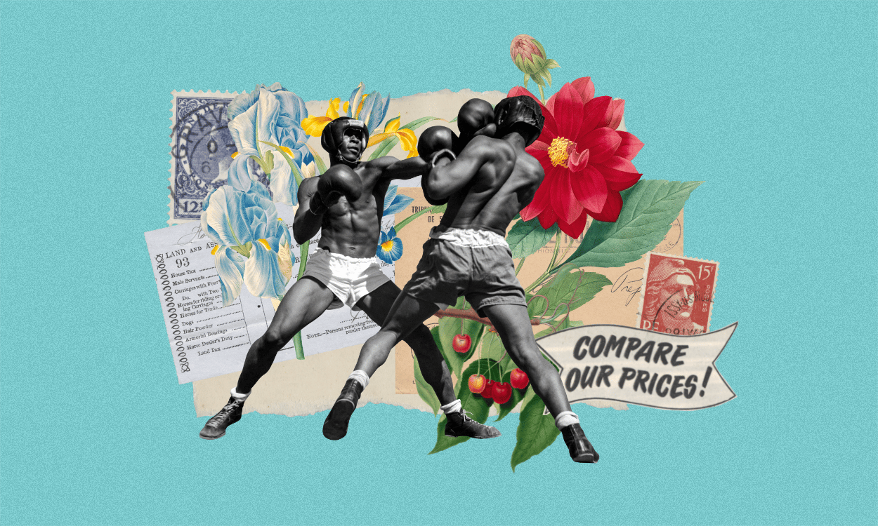 Two men boxing representing choosing between a website builder or a web agency.