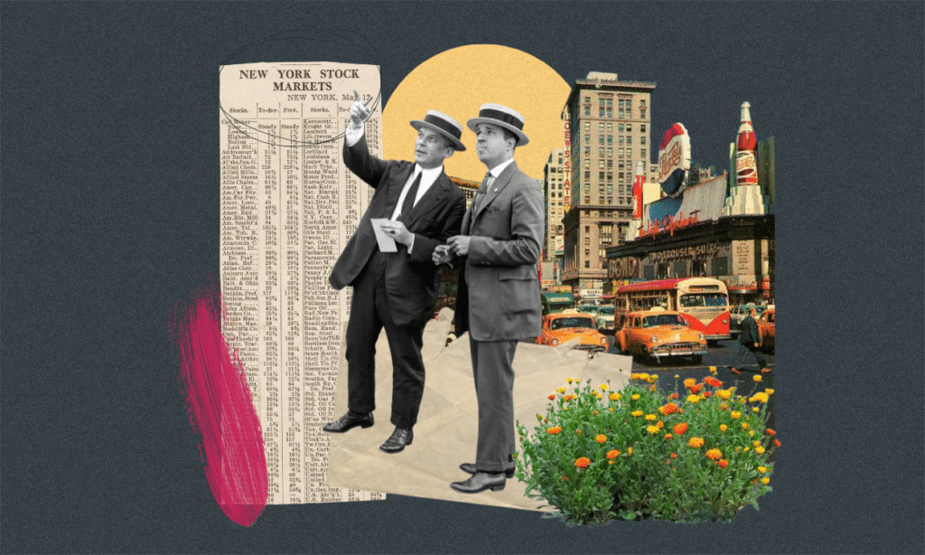 Vintage collage of men at the stock market in New York City evaluating stocks representing if hiring a marketing agency in an economic downturn is a wise investment.