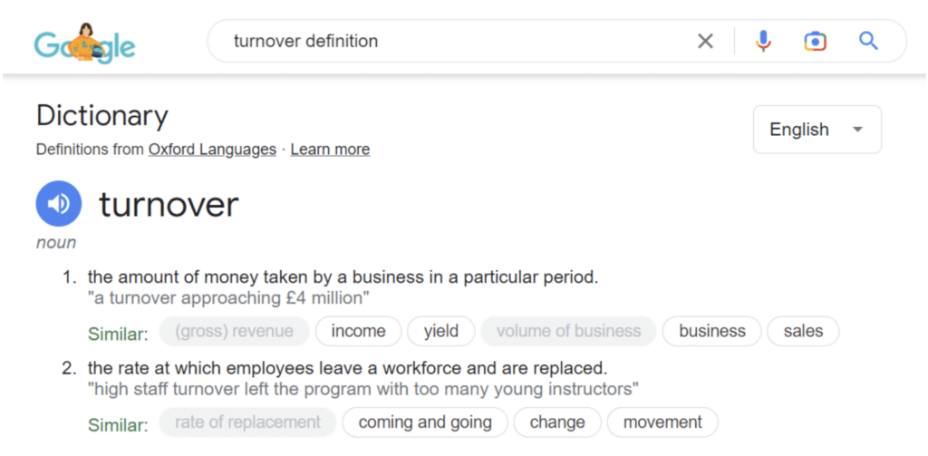 A dictionary definition of the word "turnover" showing on Google as the first Google search result.