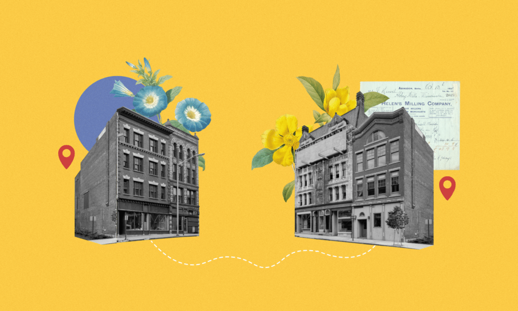 Yellow background with two buildings located in different areas.