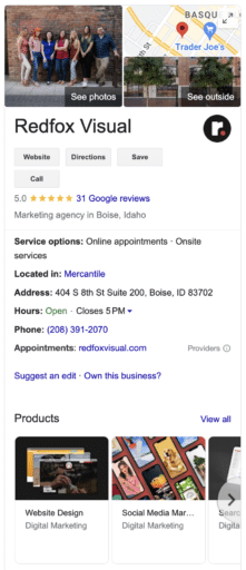 Redfox Visual's Google My Business Profile account in the SERPs.