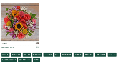 The Bouqs Co. flower delivery service with multiple location pages.